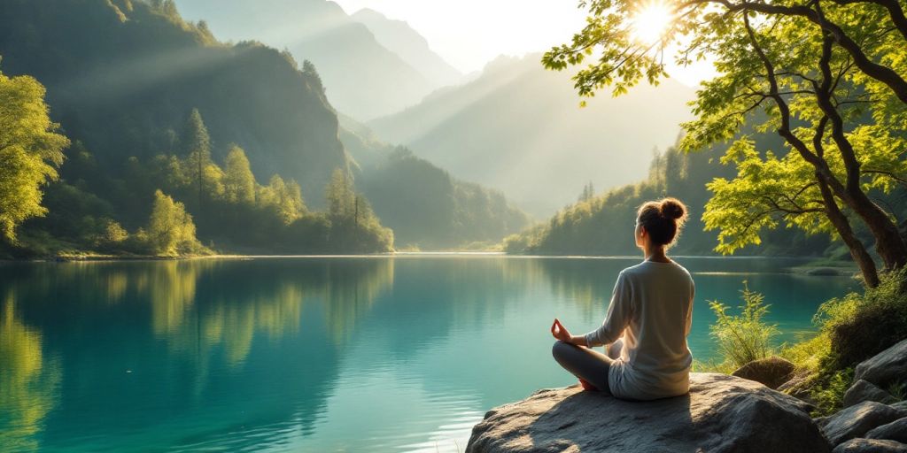 Person meditating by a calm lake in nature.