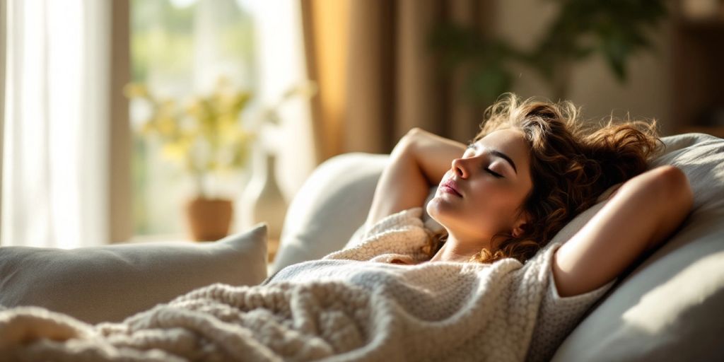 Person napping on couch with sunlight streaming in.