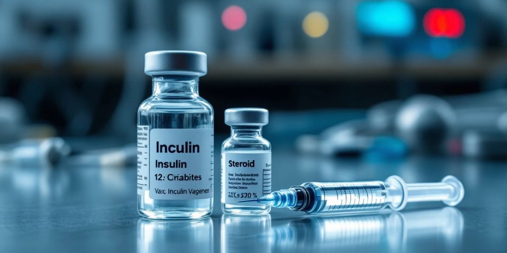 Insulin vials and steroid injections on a clinical table.