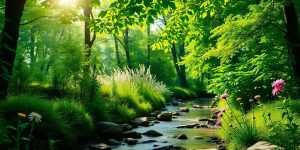 Lush green landscape with sunlight and tranquil stream.