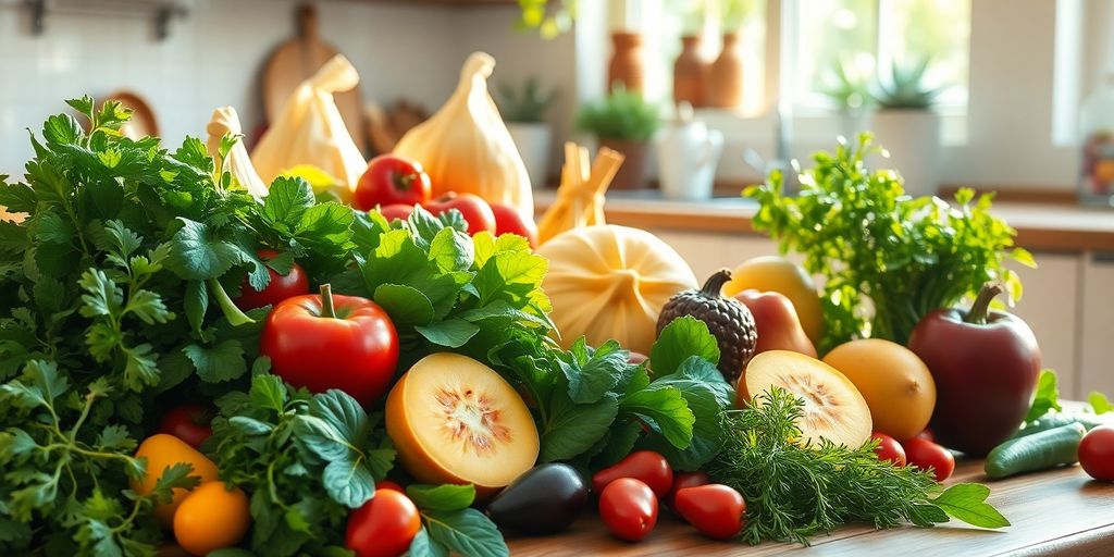 Fresh fruits and greens on a wooden table.