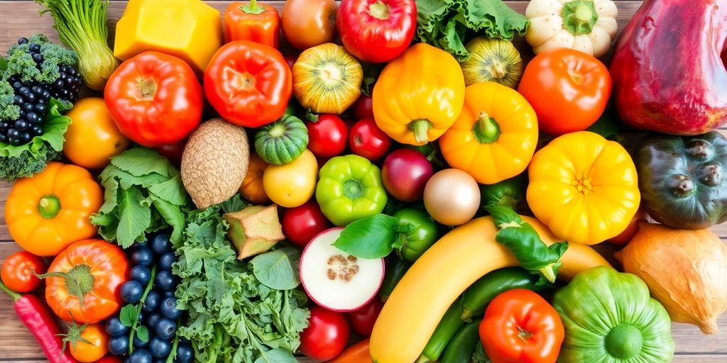 Colorful assortment of fresh fruits and vegetables.