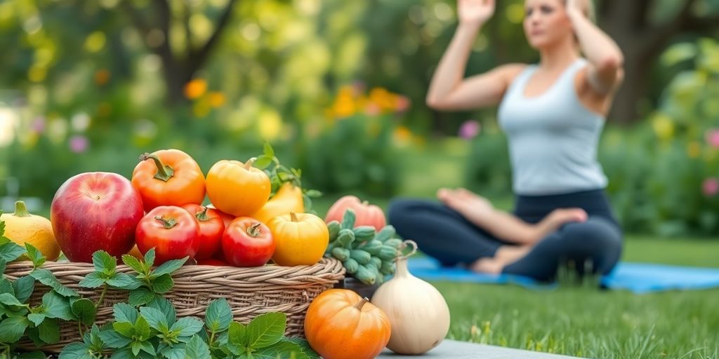 Fresh fruits and vegetables with a person doing yoga.