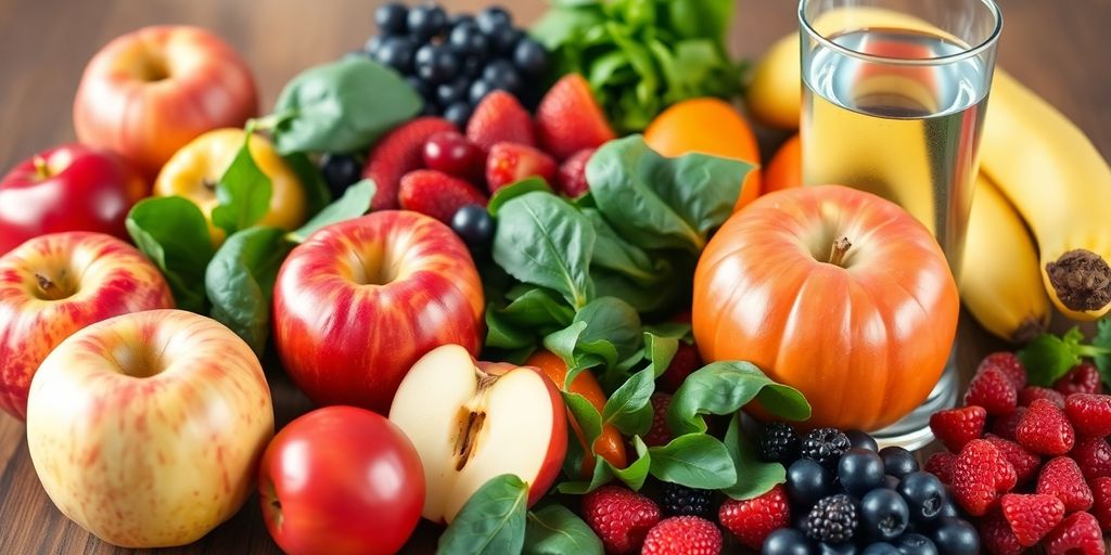 Colorful fruits and vegetables on a wooden table.