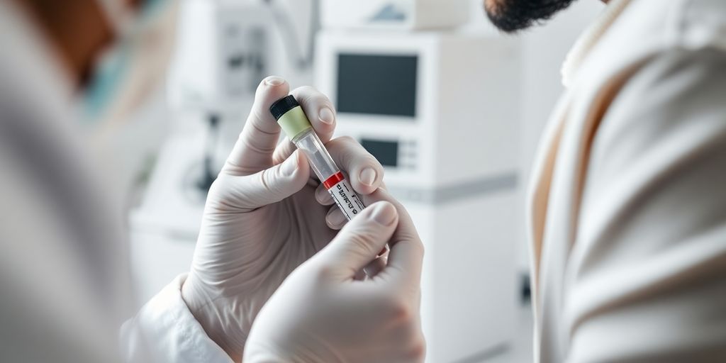 Healthcare professional examining blood sample of diabetic patient.