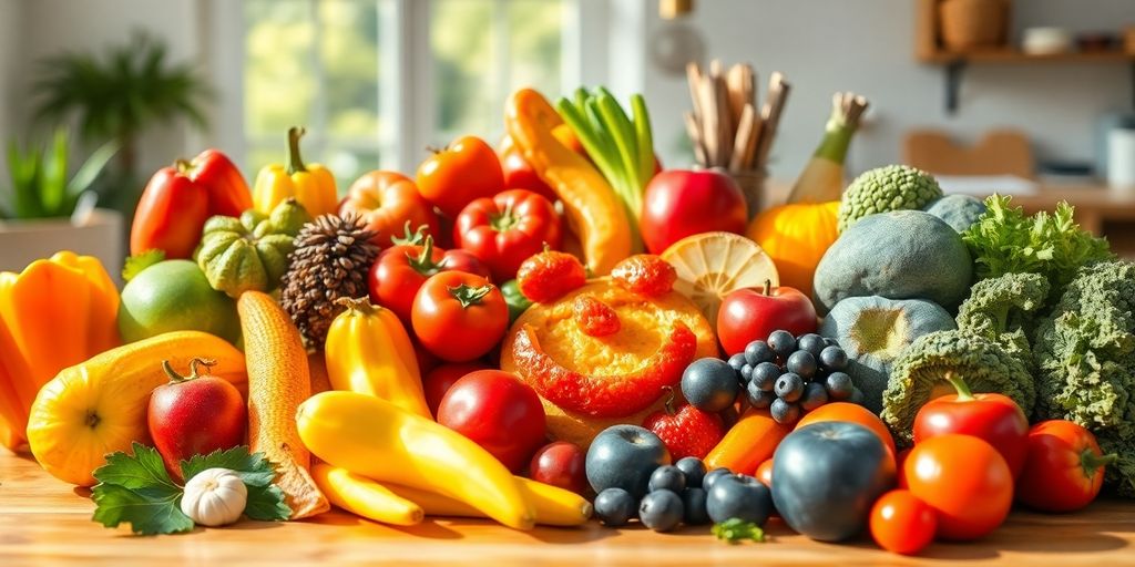 Colorful fruits and vegetables arranged with a cheerful face.