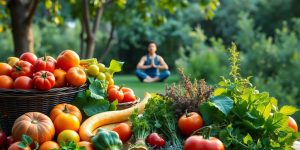 Person practicing yoga with healthy foods in nature.