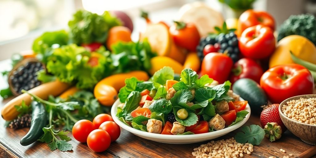 Colorful fruits and vegetables on a rustic table.