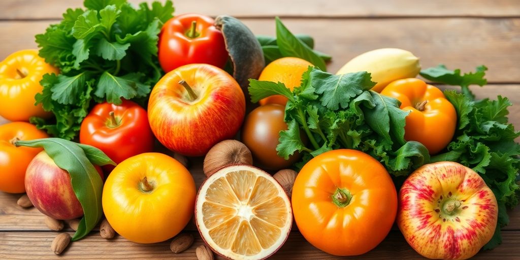 Colorful fruits and vegetables on a wooden table.