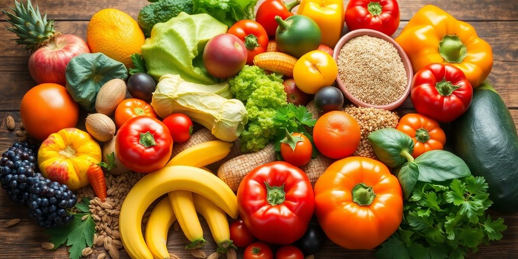 Assorted fresh fruits and vegetables on a wooden table.