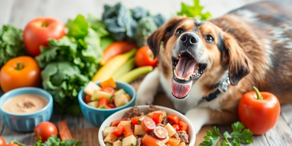 Dog eating natural food with vegetables and fruits.