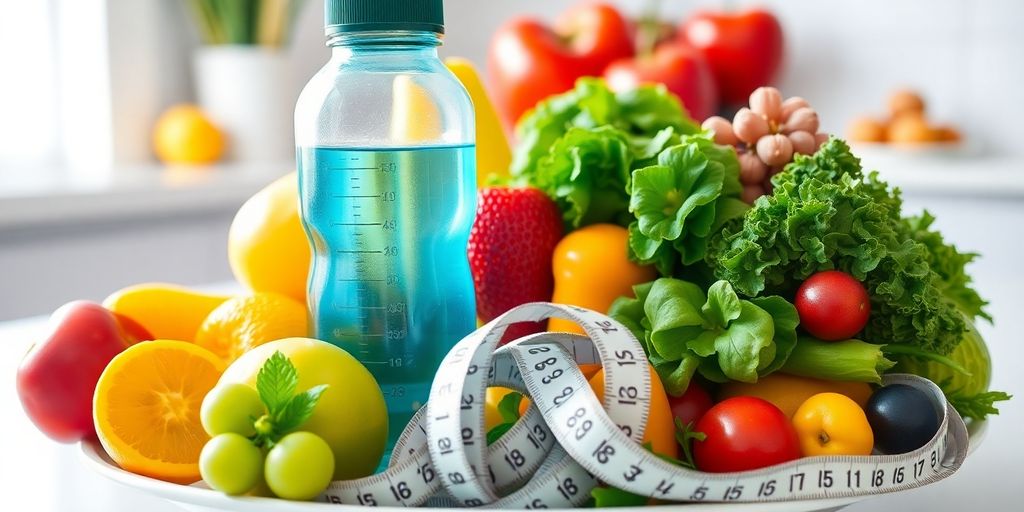 Fresh fruits and vegetables on a plate with water bottle.