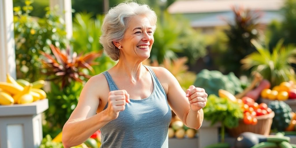 Woman exercising outdoors with fresh fruits and vegetables.