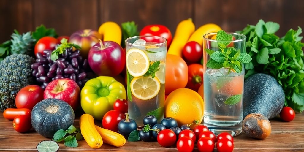 Colorful fruits and vegetables with detox water on a table.