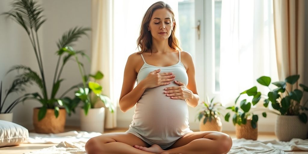 Pregnant woman practicing relaxation techniques in a serene setting.