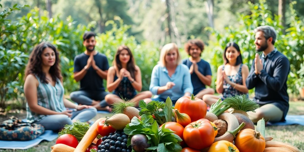 Group practicing wellness with healthy food outdoors.