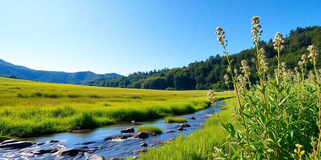 Lush greenery and a gentle stream in nature.