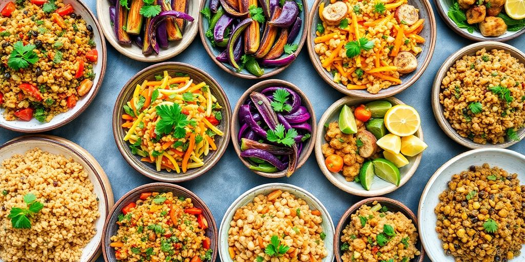 Variety of colorful healthy meals on rustic plates.