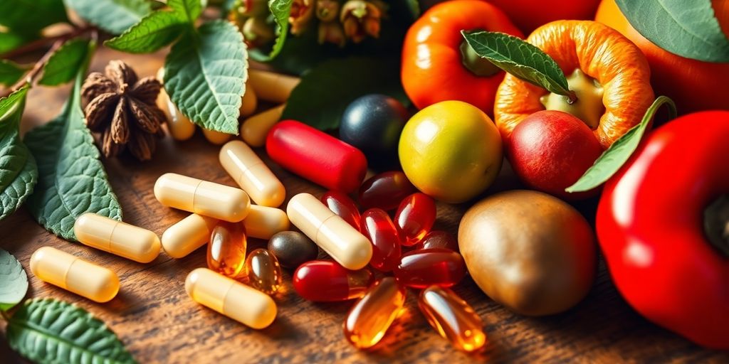 Natural supplements for diabetes management on a wooden table.