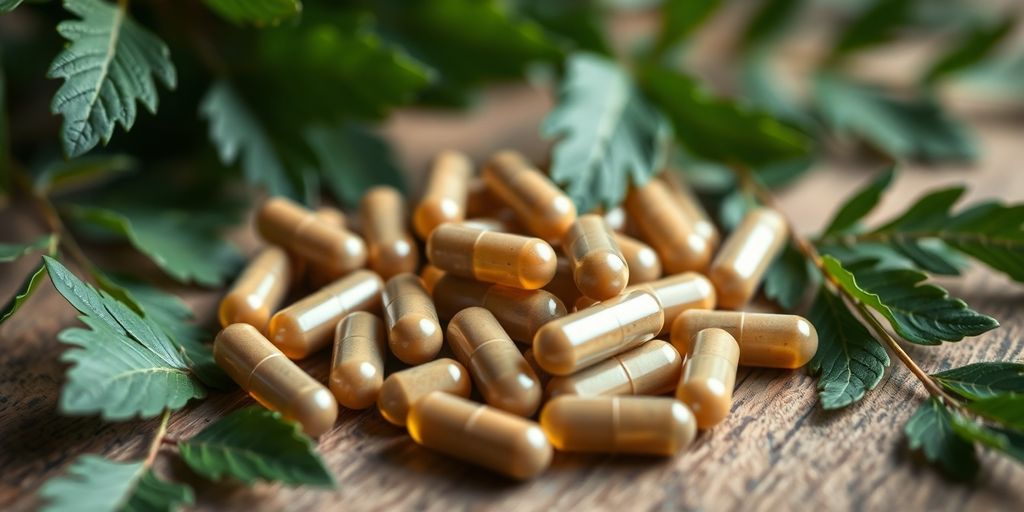 Berberine capsules with green leaves on a wooden table.