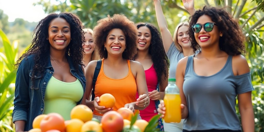 Women enjoying outdoor fitness and healthy eating together.