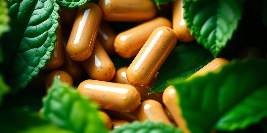 Berberine capsules with green leaves, highlighting natural health benefits.