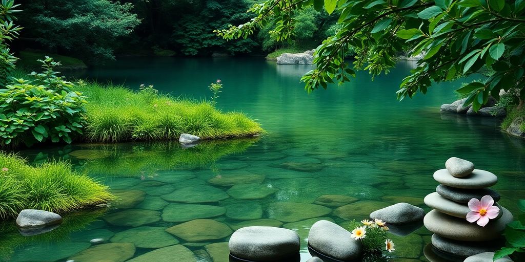 Calm nature scene with greenery and water for relaxation.