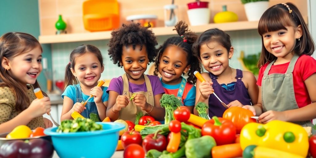 Children cooking healthy food together in a bright kitchen.