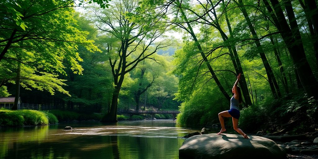 Person practicing yoga by a peaceful forest stream.