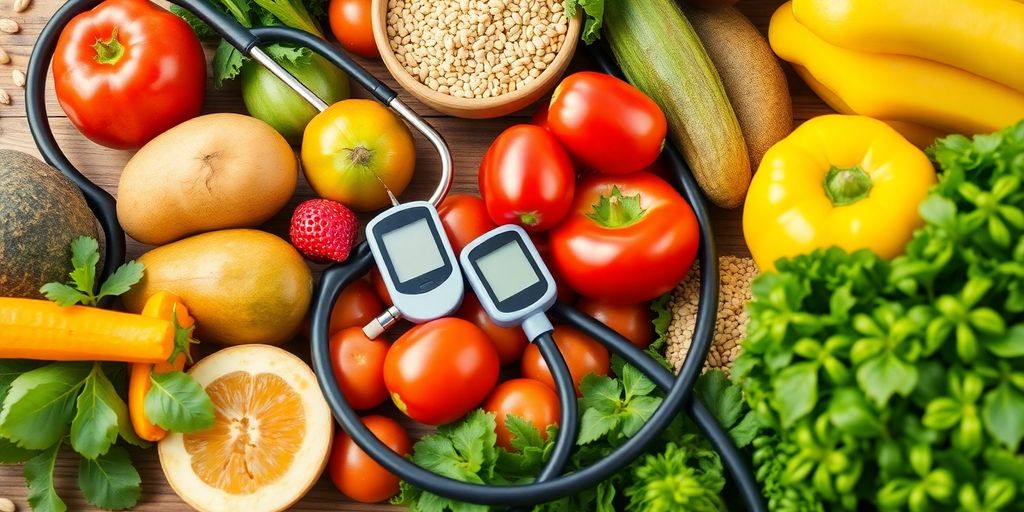 Healthy foods and diabetes management tools on a table.