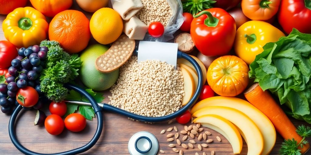 Healthy foods and a stethoscope on a wooden table.