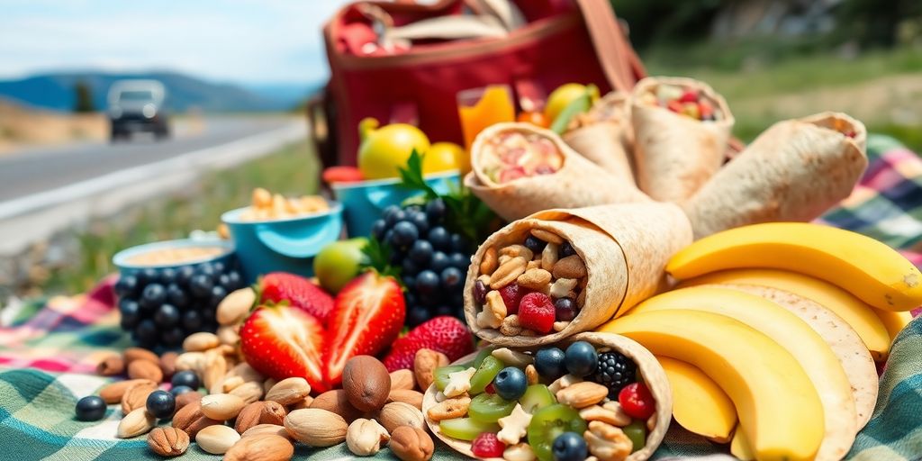 Healthy snacks for travel on a picnic blanket.