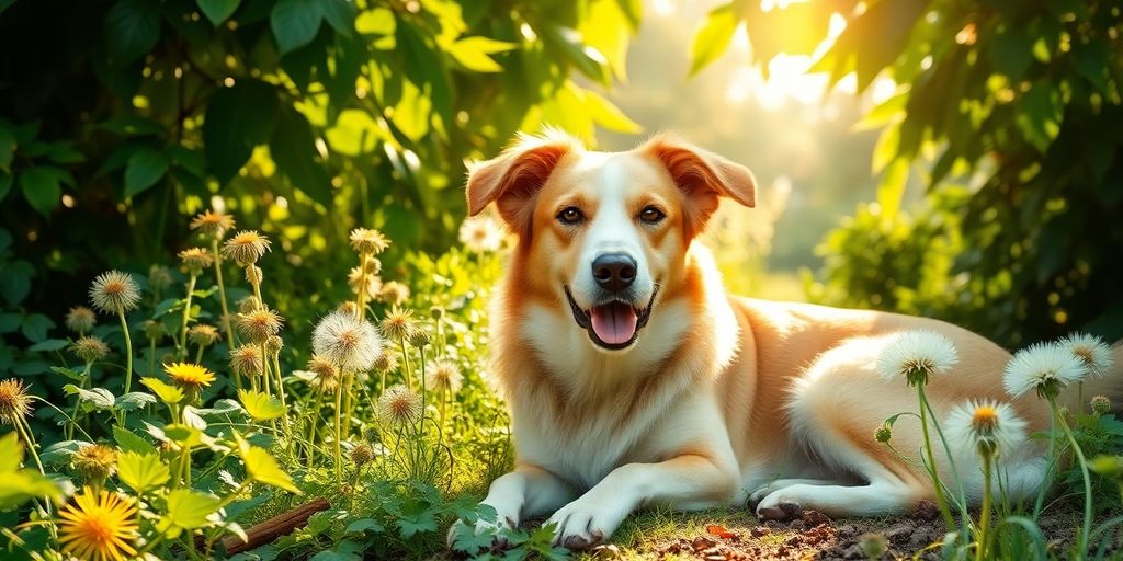 Dog resting in a garden with healing herbs.