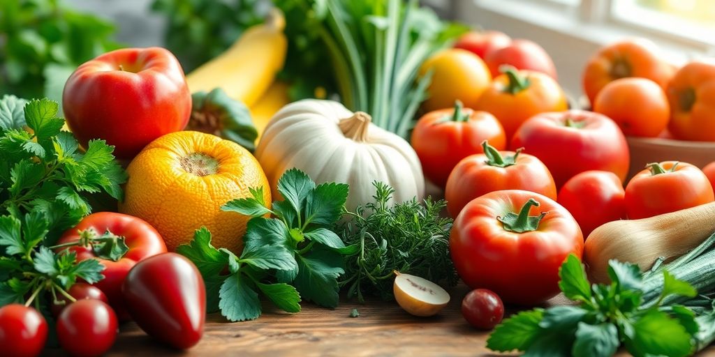 Fresh fruits and vegetables on a wooden table.